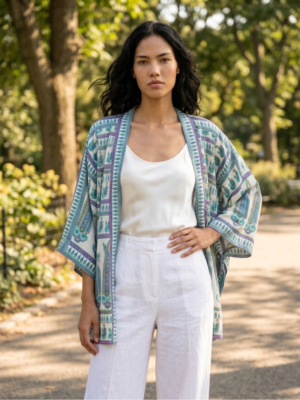 Calypso St. Barth Cream Kimono Jacket with Teal & Purple Paisley